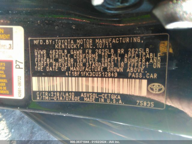 Photo 8 VIN: 4T1BF1FK3CU512849 - TOYOTA CAMRY 