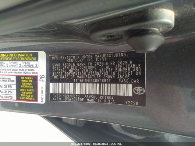 Photo 8 VIN: 4T1BF1FK3CU516917 - TOYOTA CAMRY 