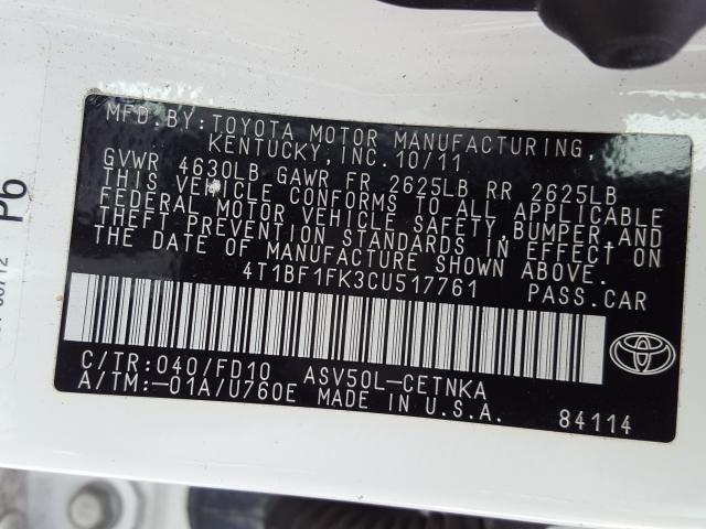 Photo 9 VIN: 4T1BF1FK3CU517761 - TOYOTA CAMRY BASE 