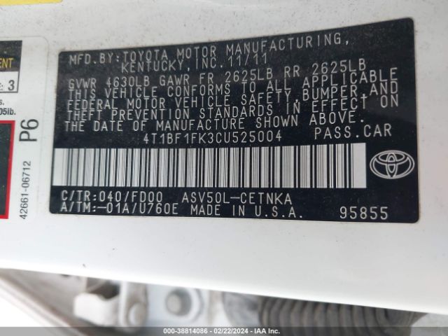 Photo 8 VIN: 4T1BF1FK3CU525004 - TOYOTA CAMRY 