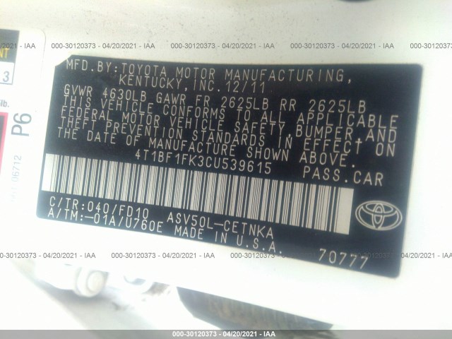 Photo 8 VIN: 4T1BF1FK3CU539615 - TOYOTA CAMRY 