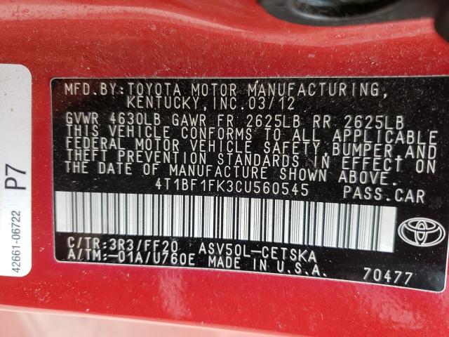 Photo 9 VIN: 4T1BF1FK3CU560545 - TOYOTA CAMRY BASE 