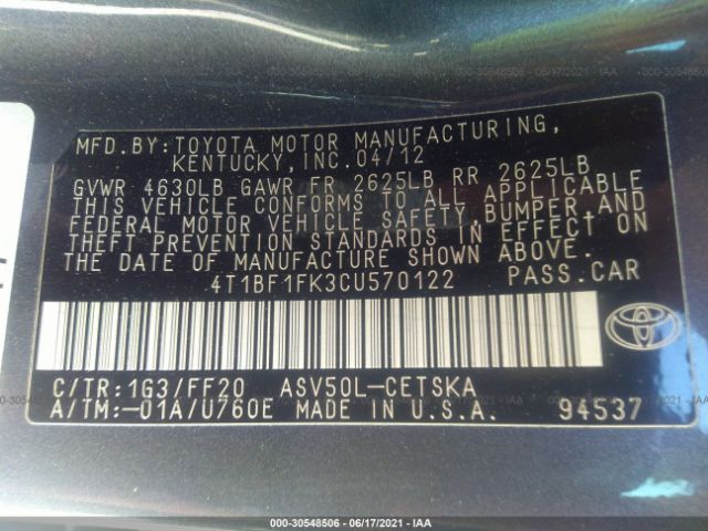 Photo 8 VIN: 4T1BF1FK3CU570122 - TOYOTA CAMRY 