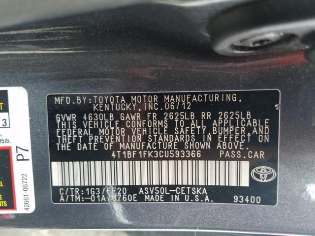 Photo 9 VIN: 4T1BF1FK3CU593366 - TOYOTA CAMRY BASE 