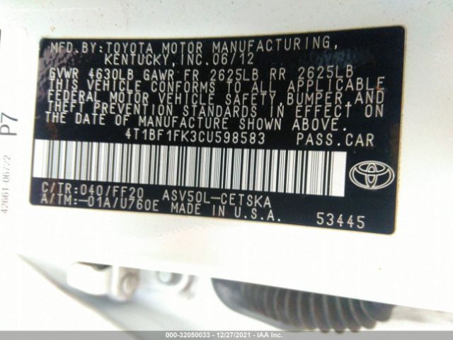 Photo 8 VIN: 4T1BF1FK3CU598583 - TOYOTA CAMRY 