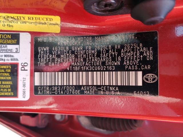 Photo 9 VIN: 4T1BF1FK3CU602163 - TOYOTA CAMRY BASE 