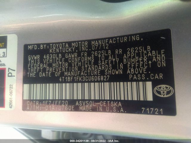 Photo 8 VIN: 4T1BF1FK3CU606827 - TOYOTA CAMRY 