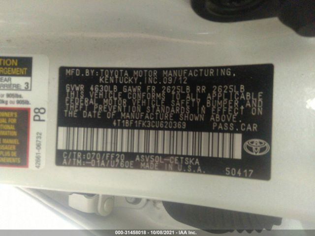 Photo 8 VIN: 4T1BF1FK3CU620369 - TOYOTA CAMRY 