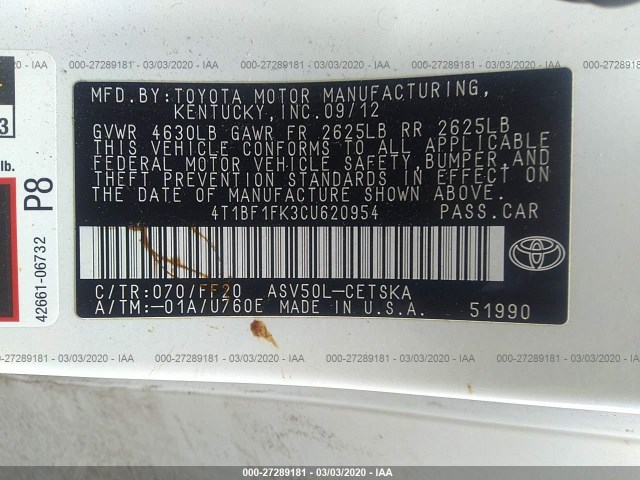 Photo 8 VIN: 4T1BF1FK3CU620954 - TOYOTA CAMRY 