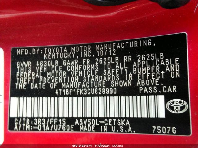 Photo 8 VIN: 4T1BF1FK3CU628990 - TOYOTA CAMRY 