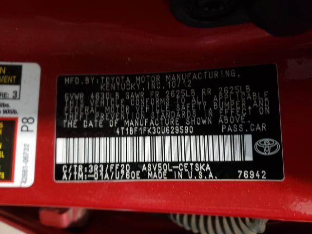 Photo 9 VIN: 4T1BF1FK3CU629590 - TOYOTA CAMRY BASE 