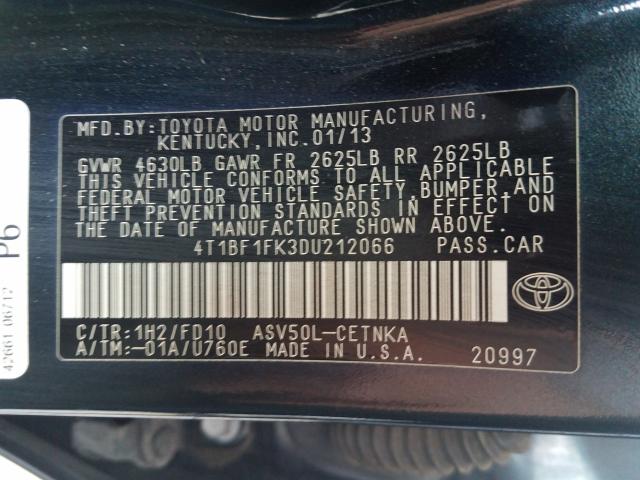 Photo 9 VIN: 4T1BF1FK3DU212066 - TOYOTA CAMRY LE 