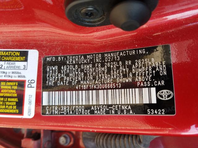 Photo 9 VIN: 4T1BF1FK3DU666513 - TOYOTA CAMRY L 