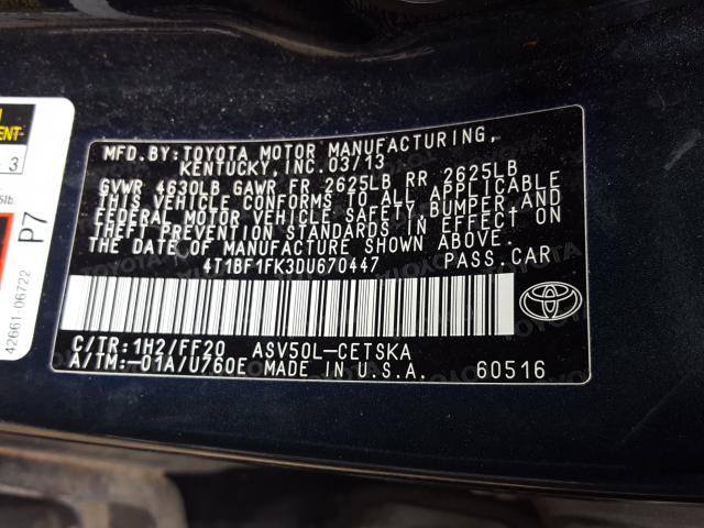 Photo 9 VIN: 4T1BF1FK3DU670447 - TOYOTA CAMRY L 