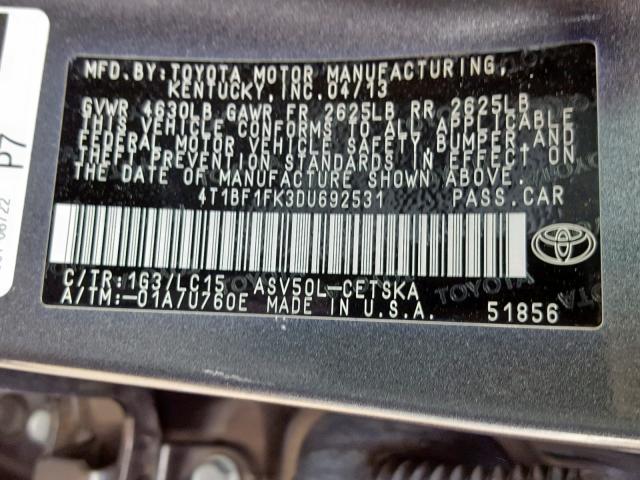 Photo 9 VIN: 4T1BF1FK3DU692531 - TOYOTA CAMRY L 