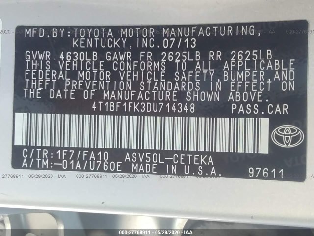 Photo 8 VIN: 4T1BF1FK3DU714348 - TOYOTA CAMRY 