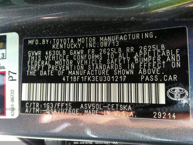 Photo 8 VIN: 4T1BF1FK3EU301217 - TOYOTA CAMRY 