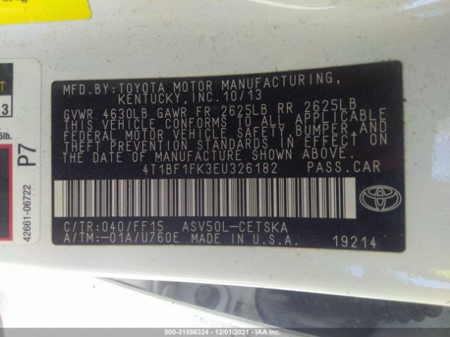 Photo 8 VIN: 4T1BF1FK3EU326182 - TOYOTA CAMRY 