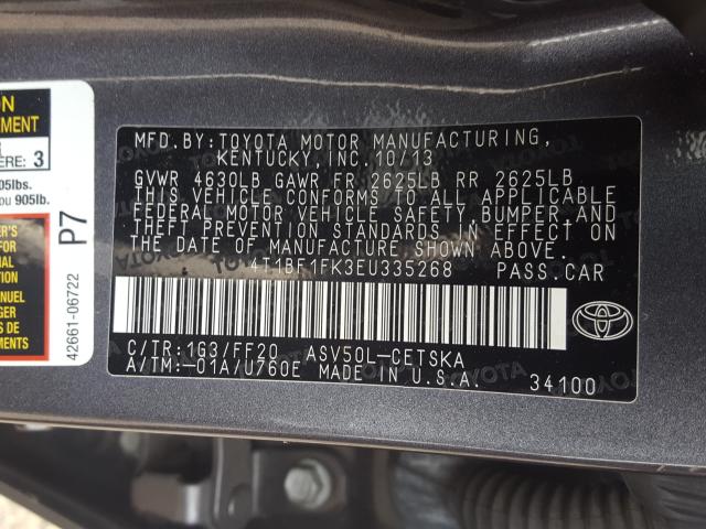 Photo 9 VIN: 4T1BF1FK3EU335268 - TOYOTA CAMRY L 