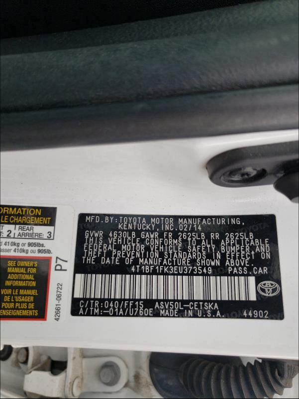 Photo 9 VIN: 4T1BF1FK3EU373549 - TOYOTA CAMRY L 