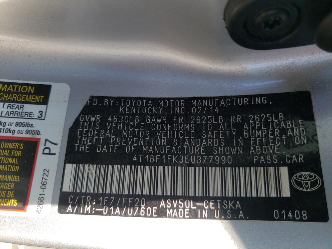 Photo 9 VIN: 4T1BF1FK3EU377990 - TOYOTA CAMRY L 