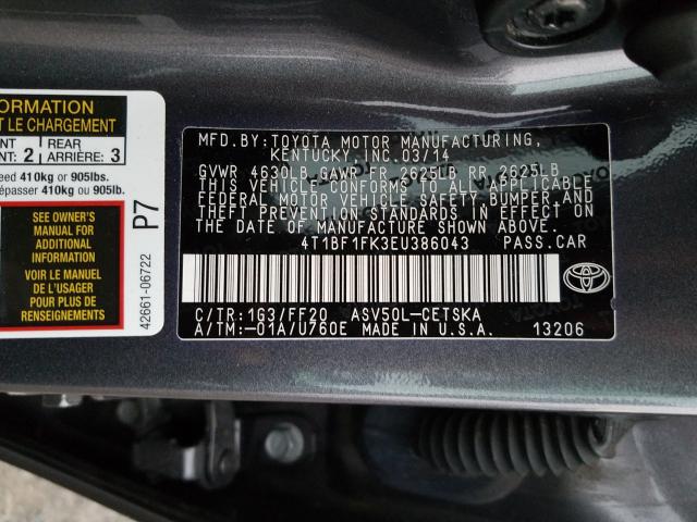 Photo 9 VIN: 4T1BF1FK3EU386043 - TOYOTA CAMRY L 