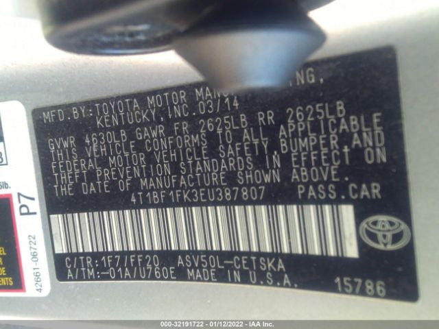 Photo 8 VIN: 4T1BF1FK3EU387807 - TOYOTA CAMRY 