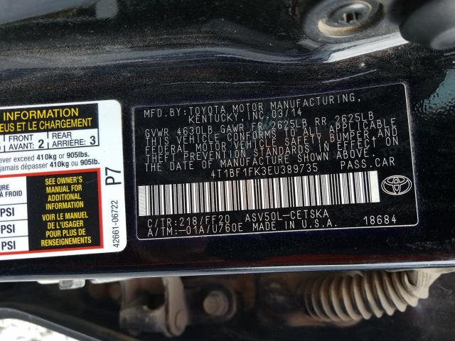 Photo 9 VIN: 4T1BF1FK3EU389735 - TOYOTA CAMRY L 