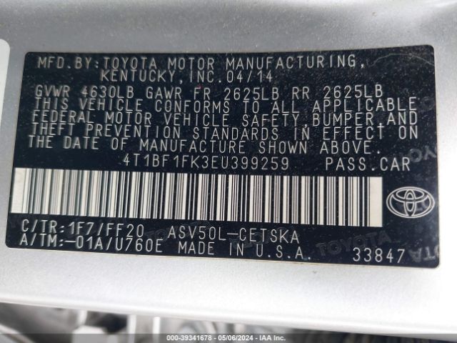 Photo 8 VIN: 4T1BF1FK3EU399259 - TOYOTA CAMRY 