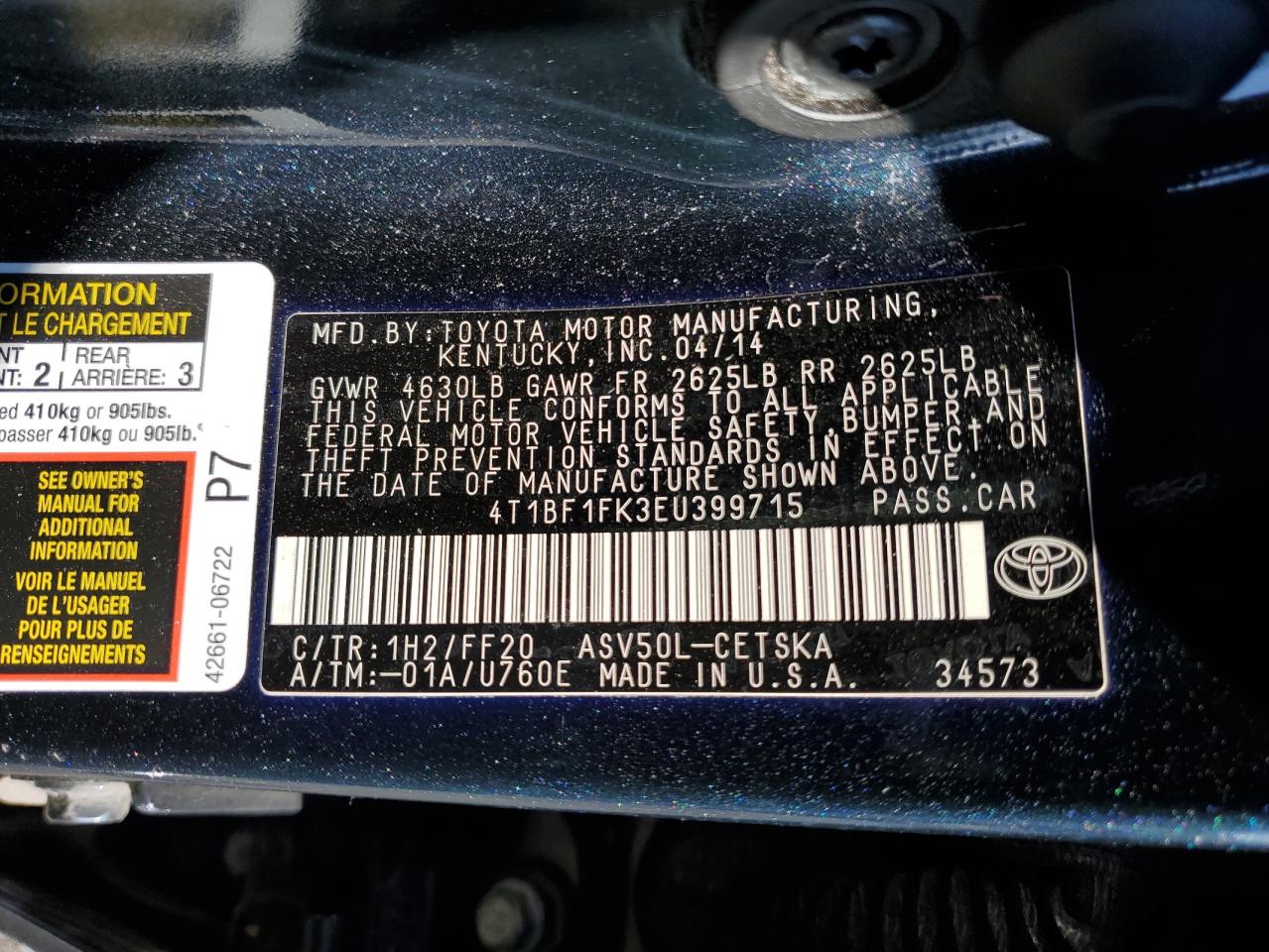 Photo 12 VIN: 4T1BF1FK3EU399715 - TOYOTA CAMRY 