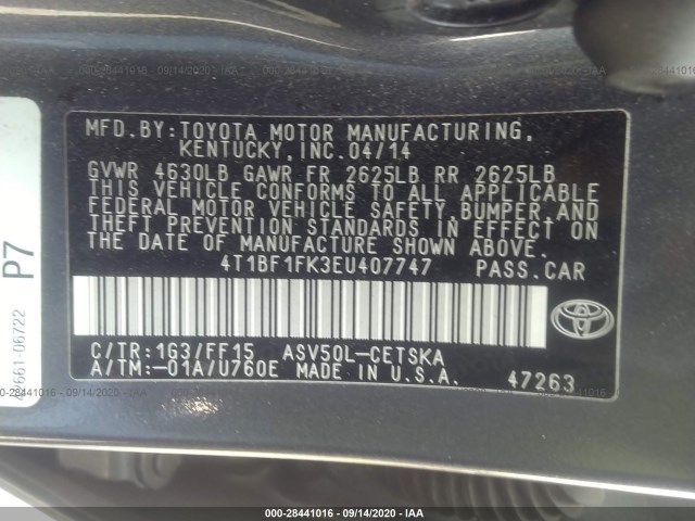 Photo 8 VIN: 4T1BF1FK3EU407747 - TOYOTA CAMRY 