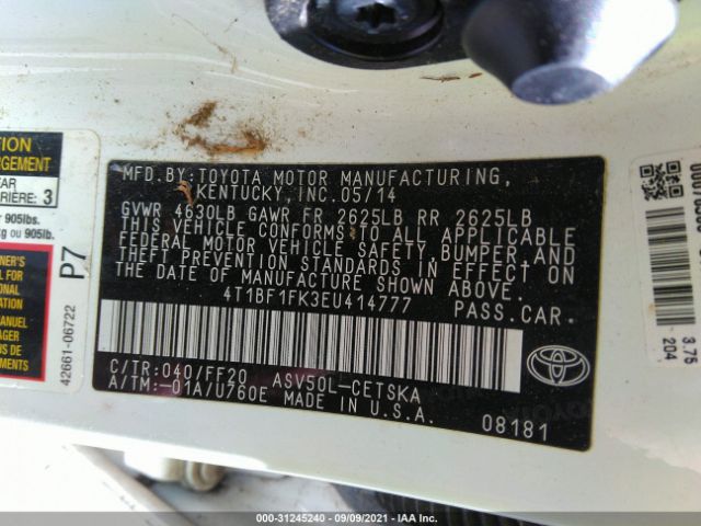 Photo 8 VIN: 4T1BF1FK3EU414777 - TOYOTA CAMRY 