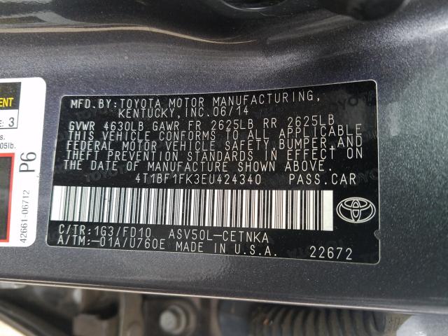 Photo 9 VIN: 4T1BF1FK3EU424340 - TOYOTA CAMRY L 