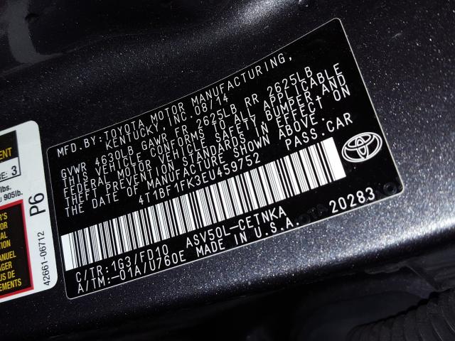 Photo 9 VIN: 4T1BF1FK3EU459752 - TOYOTA CAMRY L 