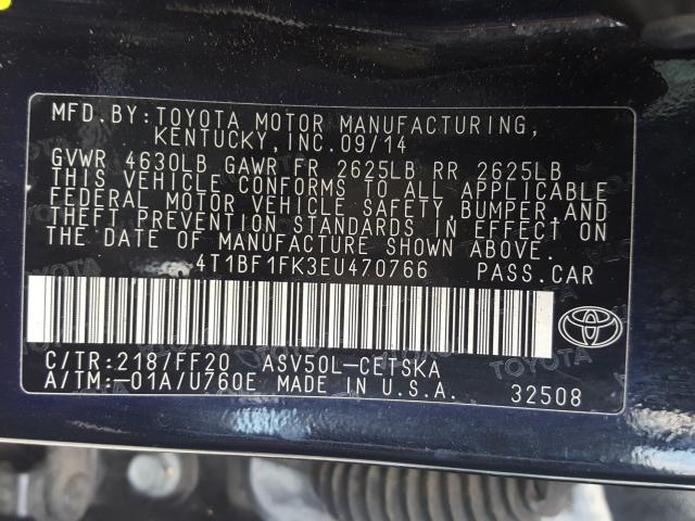 Photo 9 VIN: 4T1BF1FK3EU470766 - TOYOTA CAMRY L 