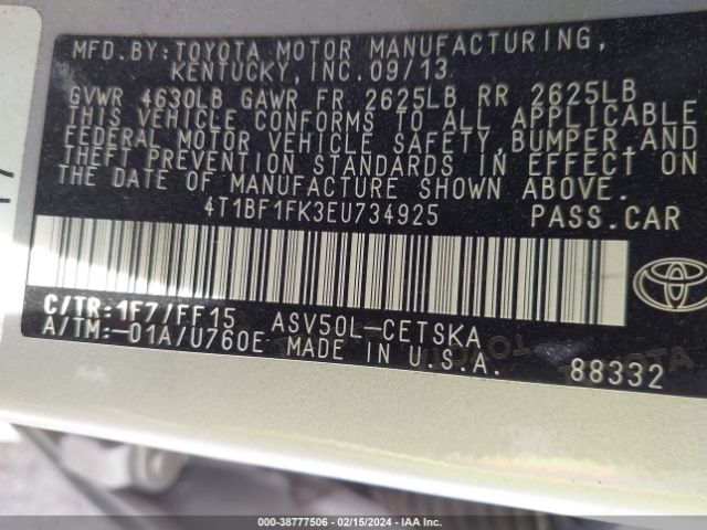 Photo 8 VIN: 4T1BF1FK3EU734925 - TOYOTA CAMRY 