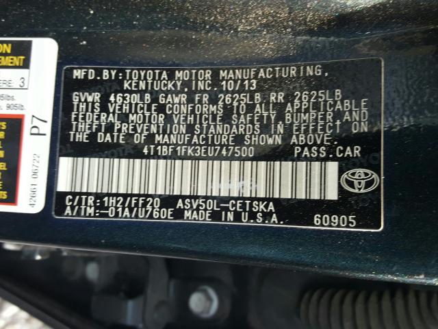 Photo 9 VIN: 4T1BF1FK3EU747500 - TOYOTA CAMRY L 