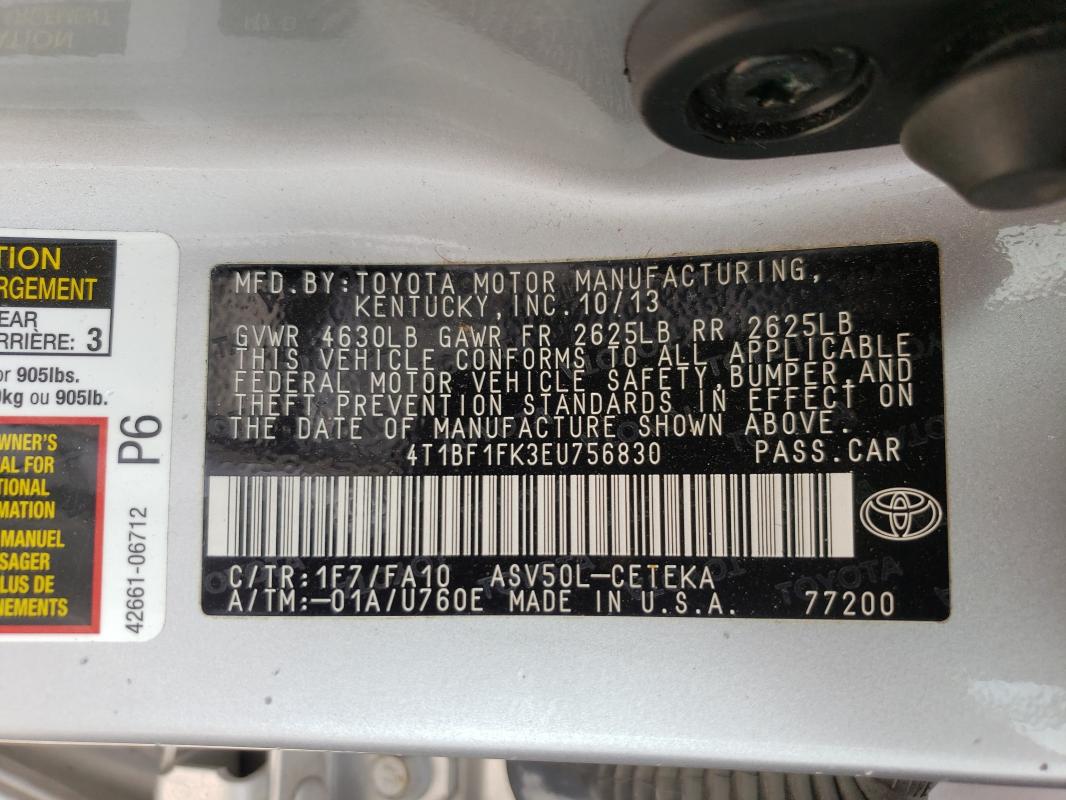 Photo 9 VIN: 4T1BF1FK3EU756830 - TOYOTA CAMRY L 