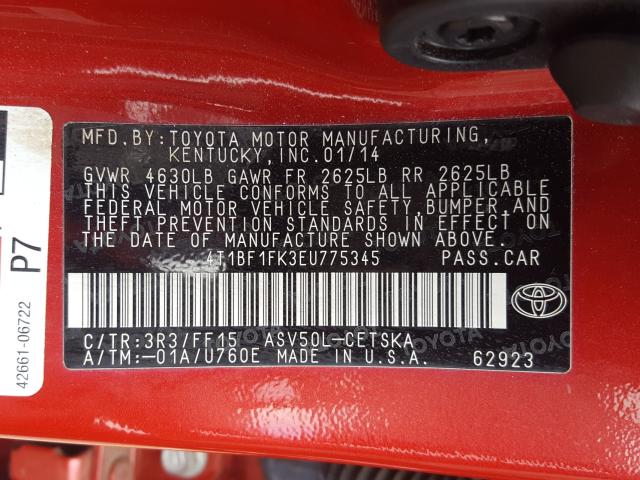 Photo 9 VIN: 4T1BF1FK3EU775345 - TOYOTA CAMRY L 