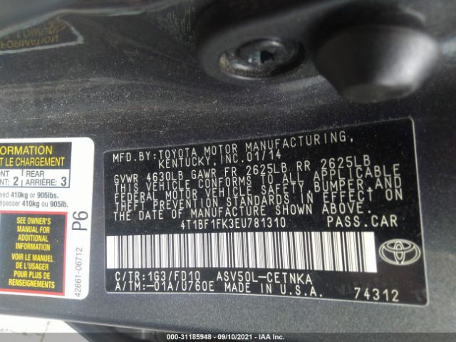 Photo 8 VIN: 4T1BF1FK3EU781310 - TOYOTA CAMRY 