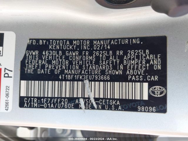 Photo 8 VIN: 4T1BF1FK3EU793666 - TOYOTA CAMRY 