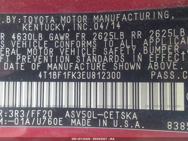 Photo 8 VIN: 4T1BF1FK3EU812300 - TOYOTA CAMRY 