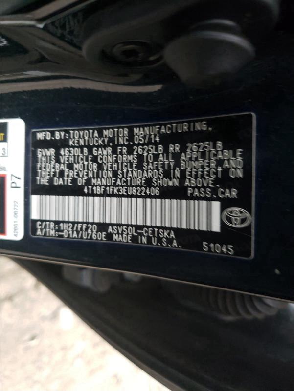 Photo 9 VIN: 4T1BF1FK3EU822406 - TOYOTA CAMRY L 