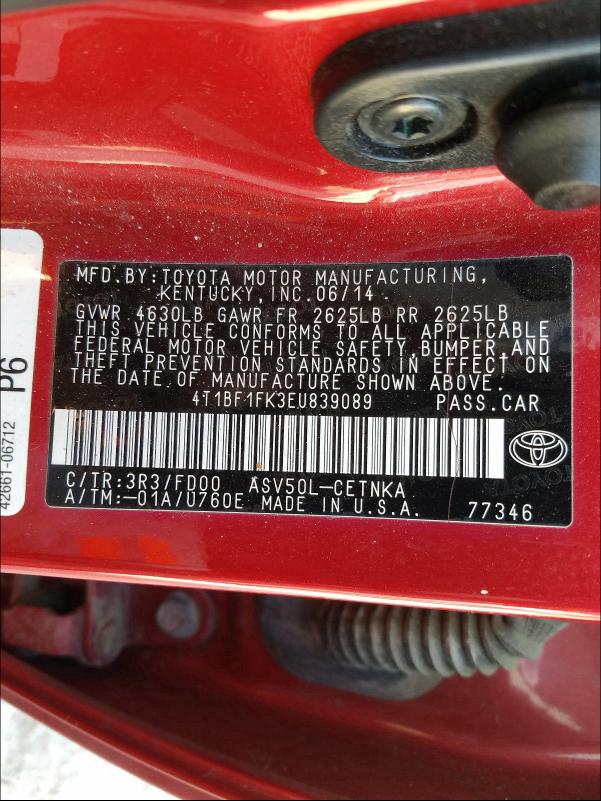 Photo 9 VIN: 4T1BF1FK3EU839089 - TOYOTA CAMRY L 