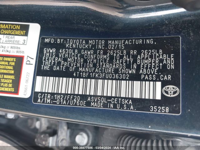 Photo 8 VIN: 4T1BF1FK3FU036302 - TOYOTA CAMRY 