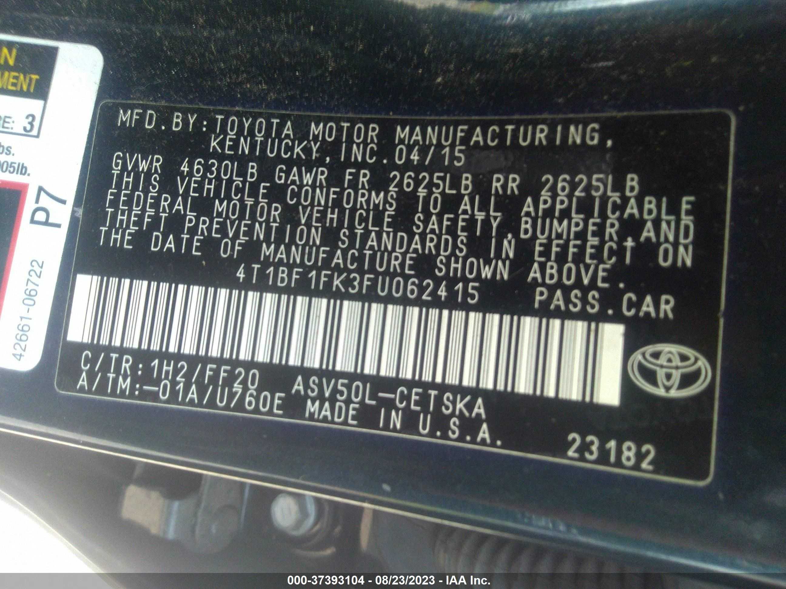 Photo 8 VIN: 4T1BF1FK3FU062415 - TOYOTA CAMRY 