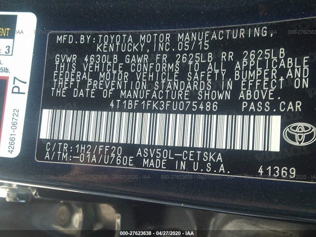 Photo 8 VIN: 4T1BF1FK3FU075486 - TOYOTA CAMRY 