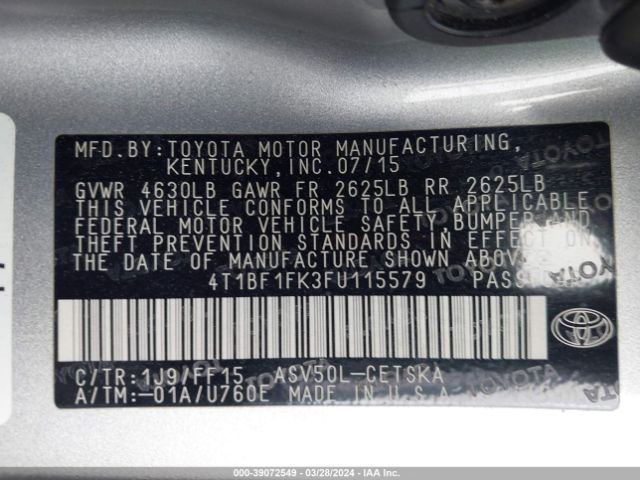 Photo 8 VIN: 4T1BF1FK3FU115579 - TOYOTA CAMRY 