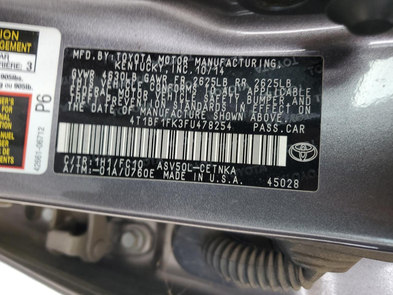 Photo 12 VIN: 4T1BF1FK3FU478254 - TOYOTA CAMRY 