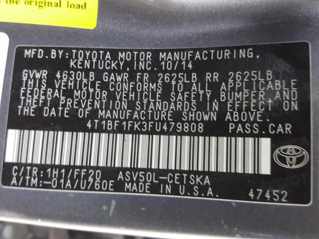 Photo 9 VIN: 4T1BF1FK3FU479808 - TOYOTA CAMRY LE 